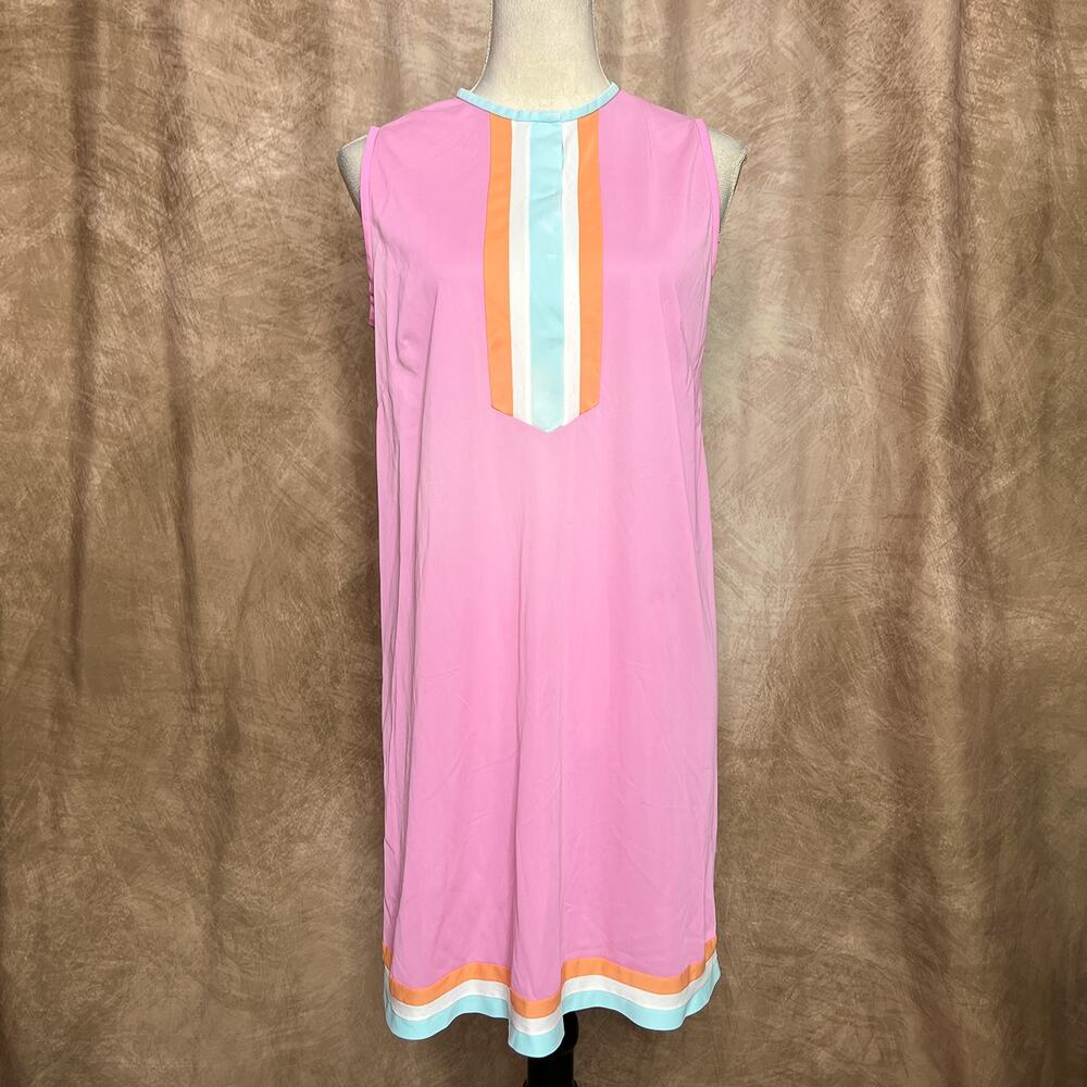 Vintage 60s Union Made Pink Mini Mod Shift Dress Sleeveless Retro Disco GoGo
